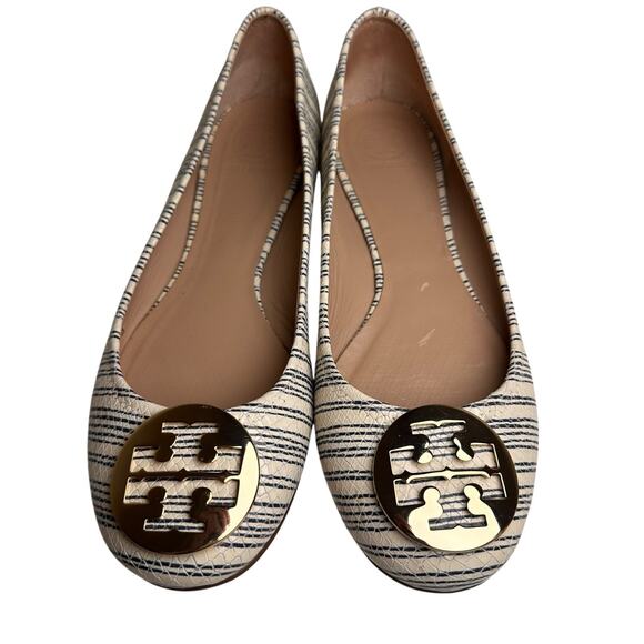 Tory Burch White Blue Striped Snake Leather Gold Logo Reva Ballet Flats Sz 11 M - Picture 13 of 15